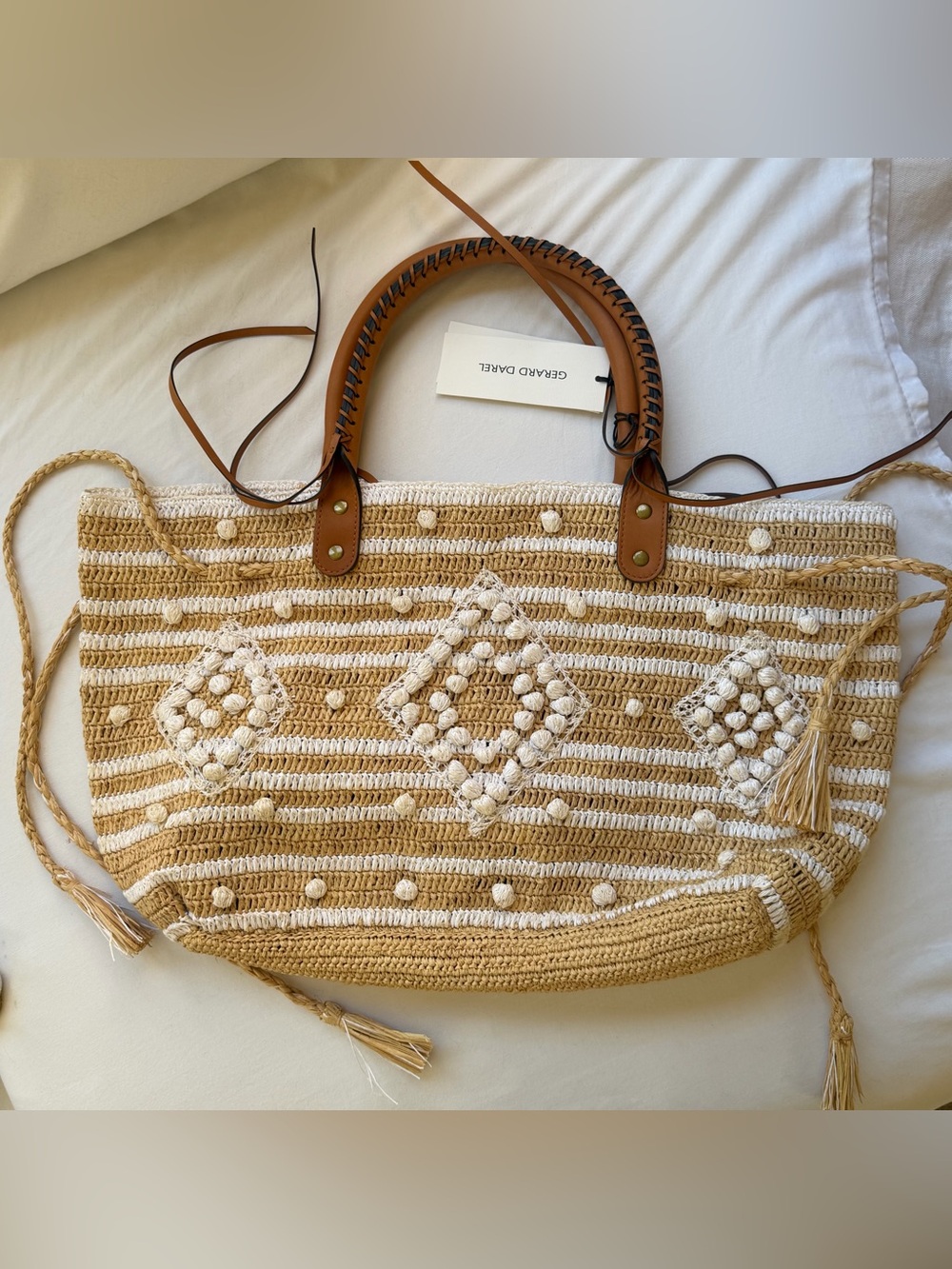 NWT GERARD DAREL 24 GD Raphia White Crochet Tote Bag with Leather Handles $495